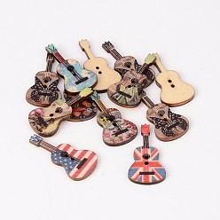 Mixed Color 2-Hole Guitar Printed Wooden Sewing Buttons, Mixed Color, 36x18x3mm, Hole: 2mm
