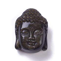 Obsidienne Pendentifs d'obsidienne à bruyère dorée naturelle, tête de bouddha, 33x24.5x15.5mm, Trou: 1.2mm
