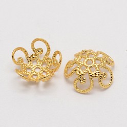 Golden 5-Petal Brass Fancy Bead Caps, Cadmium Free & Nickel Free & Lead Free, Flower, Golden, 4x10mm, Hole: 1mm