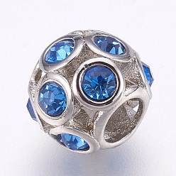 Saphir Clair  304 acier inoxydable perles européennes, Perles avec un grand trou   , avec strass, rondelle, couleur inox, saphir clair, 11x9.5mm, Trou: 5mm