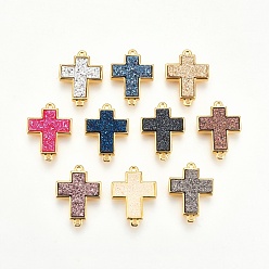 Mixed Color Brass Links connectors, with Druzy Resin, Cross, Golden, Mixed Color, 22x16x4~5mm, Hole: 1.2mm