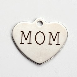 Stainless Steel Color Stainless Steel Family Theme Heart Pendants, with Word Mom, Stainless Steel Color, 21x24x1mm, Hole: 2mm