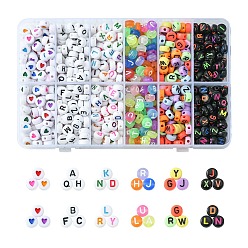 Mixed Color 900Pcc 6 Styles Opaque Acrylic Beads, with Enamel, Flat Round with Letter, Mixed Color, 6~7x3.5~4mm, Hole: 1~2mm, 150pcs/style