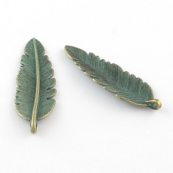 Antique Bronze & Green Patina Zinc Alloy Leaf Pendants, Cadmium Free & Lead Free, Antique Bronze & Green Patina, 44x14x2mm, Hole: 2mm