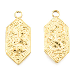 Real 18K Gold Plated Ion Plating(IP) 201 Stainless Steel Pendants, Hexagon with Rabbit, Real 18K Gold Plated, 28x12x2.5mm, Hole: 2.5mm