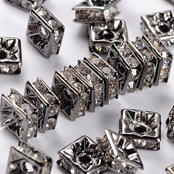 Crystal Brass Rhinestone Spacer Beads, Grade A, Gunmetal, Square, Crystal, 6x6x3mm, Hole: 1mm