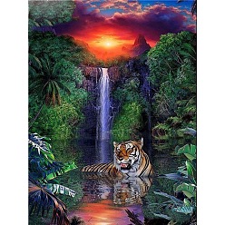 Green DIY Rectangle Forest Tiger Waterfall Scenery Theme Diamond Painting Kits, Including Canvas, Resin Rhinestones, Diamond Sticky Pen, Tray Plate and Glue Clay, Green, 400x300mm