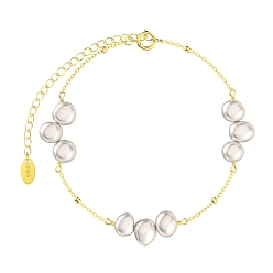 Chapado en Oro Real de 14K 925 pulseras de cadena tipo cable de plata esterlina, pulseras de eslabones de perlas de concha para mujer, real 14 k chapado en oro, 6-1/2 pulgada (16.5 cm)