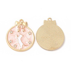 Pink Alloy Enamel Pendants, with Rhinestone, Cadmium Free & Nickel Free & Lead Free, Golden, Flat Round with Cat & Star Pattern, Pink, 26.5x22x2.5mm, Hole: 1.6mm