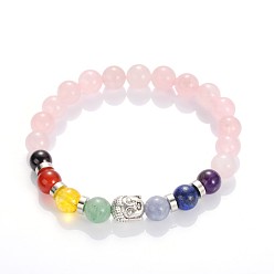 Rose Quartz Buddha Head Gemstone Beaded Stretch Bracelets, with Tibetan Style Beads, Rose Quartz, 55mm