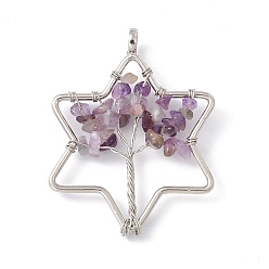 Amethyst Star Natural Amethyst Copper Wire Wrapped Chip Big Pendants, Tree of Life Charm, with Platinum Tone Iron Findings, 59x46x8mm, Hole: 6.2mm