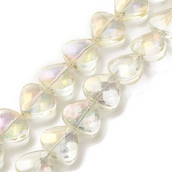 Light Yellow Transparent Electroplate Glass Bead Strands, Rainbow Plated, Heart, Light Yellow, 12x13x7mm, Hole: 1mm, about 55pcs/strand, 25.51''(64.8cm)