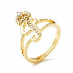 Letter I Clear Cubic Zirconia Initial Letter with Crown Adjustable Ring, Real 18K Gold Plated Brass Alphabet Ring for Women, Cadmium Free & Lead Free, Letter.I, US Size 6(16.5mm)