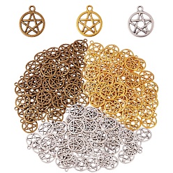 Mixed Color 150Pcs 3 Colors Tibetan Style Alloy Wicca Charms, Pentacle, Cadmium Free & Lead Free, Flat Round with Star, Mixed Color, 16x2mm, Hole: 3mm