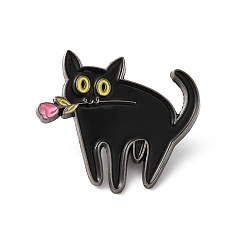 Black Alloy Brooches, Enamel Pins, for Backpack Cloth, Cat with Rose, Black, 28x31x1.5mm