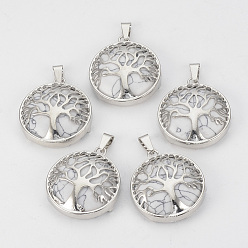 Howlite Natural Howlite Pendants, with Brass Findings, Flat Round with Tree of Life, Platinum, 30.5x27x8mm, Hole: 7x3mm