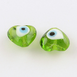 Vert Jaune Cardiaques mauvais œil brins de perles au chalumeau, vert jaune, 13~15x15x9mm, Trou: 2mm, Environ 24 pcs/chapelet, 11.4 pouce