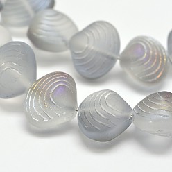 Lavender Frosted Electroplate Glass Shell Beads Strands, Rainbow Plated, Lavender, 12x14.5x10mm, Hole: 1mm, about 32pcs/strand, 16 inch