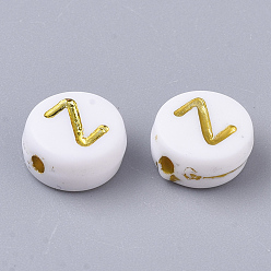 Letter Z Perles acryliques plaquées, métal doré enlaça, trou horizontal, rond et plat avec alphabet, blanc, letter.z, 7x3.5mm, Trou: 1.2mm, environ3600 pcs / 500 g