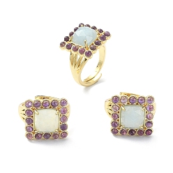 Aquamarine Natural Aquamarine & Amethyst Rectangle Adjustable Ring, Real 18K Gold Plated Brass Wide Ring for Women, US Size 7 1/4(17.5mm)