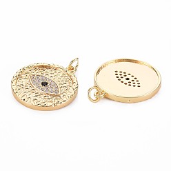 Real 18K Gold Plated Brass Micro Pave Clear & Blace Cubic Zirconia Pendants, Nickel Free, Flat Round with Evil Eye, Real 18K Gold Plated, 23.5x21.5x2mm, Jump Ring: 5x1mm, Inner Diameter: 3mm