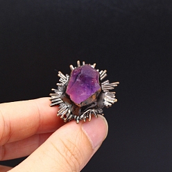 Amethyst Natural Amethyst Sun Open Cuff Rings, Red Copper Brass Ring, US Size 8(18.1mm), surface: 31x28mm