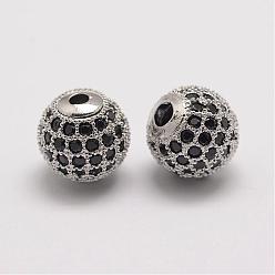 Platine Micro en laiton pavent des perles cubes de zircone, ronde, platine, 10x9.5mm, Trou: 2mm