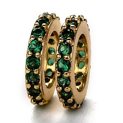 Green Brass Micro Pave Cubic Zirconia European Beads, Long-Lasting Plated, Real 18K Gold Plated, Large Hole Beads, Ring, Green, 10x1.8mm, Hole: 6mm