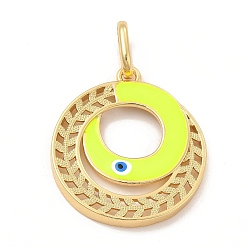 Yellow Brass Pendants, with Enamel, Real 18K Gold Plated, Long-Lasting Plated, Round Ring with Evil Eye Charm, Yellow, 36.5x32.5x3.5mm, Hole: 11x7.5mm