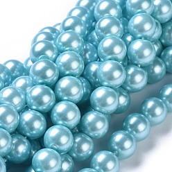 Cyan Hebras redondas de perlas de vidrio teñido ecológico, Grado A, cordón de algodón rosca, cian, 8 mm, agujero: 0.7~1.1 mm, sobre 52 unidades / cadena, 15 pulgada