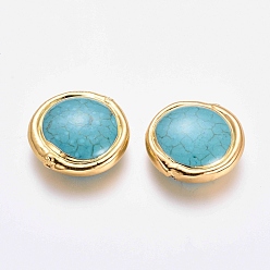 Golden Synthetic Turquoise Beads, with Brass Findings, Flat Round, Dyed, Golden, 20~24x20~21x6mm, Hole: 0.8mm