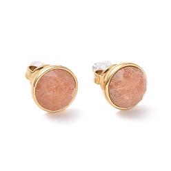 Sunstone Natural Sunstone Flat Round Stud Earrings, Real 24K Gold Plated 304 Stainless Steel Jewelry for Women, 16x9mm, Pin: 0.8mm