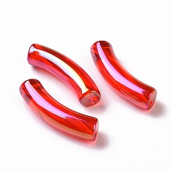 Rouge Placage uv perles acryliques irisées arc-en-ciel transparentes, tube incurvé, rouge, 32~33x10x8mm, Trou: 1.6mm
