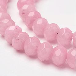 Pink Natural White Jade Beads Strands, Rondelle, Faceted, Dyed, Pink, 8x6mm, Hole: 1mm, about 64pcs/strand, 15.6 inch