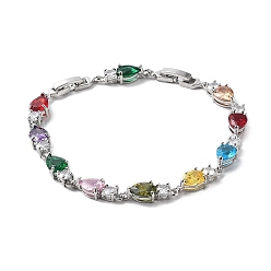 Coloré Idées cadeaux nobles pour dame laiton ton platine micro pavé zircone cubique cz bracelets de chaîne à maillons en forme de larme, avec des agrafes de bande de montre, colorées, 180x6mm