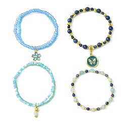 Blue 4Pcs 4 Style Natural Mixed Gemstone & Seed Beaded Stretch Bracelets Set, Flower & Butterfly Alloy Enamel Charms Stackable Bracelets for Women, Blue, Inner Diameter: 2-1/8 inch(5.4cm), 1Pc/style