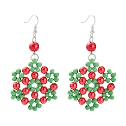 Green Flower Glass Pearl Beads Dangle Earrings for Christmas, with Glass Seed Beads and Brass Earring Hooks, Green, 76mm, Pin: 0.7mm