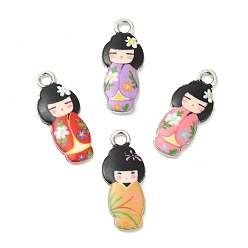 Mixed Color Alloy Enamel Pendants, Cadmium Free & Nickel Free & Lead Free, Platinum, Japanese Doll Charm, Mixed Color, 21x8.5x2mm, Hole: 2mm