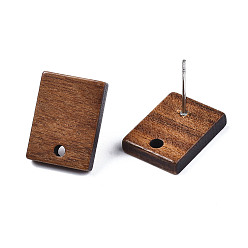 Peru Walnut Wood Stud Earring Findings, with Hole and 304 Stainless Steel Pin, Rectangle, Peru, 15x11mm, Hole: 1.8mm, Pin: 0.7mm
