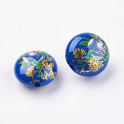 Bleu Royal Perles de résine imprimées de fleurs, plat rond, bleu royal, 16.5x9mm, Trou: 2mm