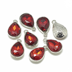 Red Alloy Glass Charms, Faceted, teardrop, Platinum, Red, 14.5x9x5mm, Hole: 1.5mm