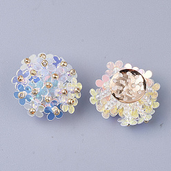 WhiteSmoke PVC Paillette Cabochons, Cluster Beads, with Glass Seed Beads and Golden Plated Brass Perforated Disc Settings, Flower, WhiteSmoke, 20~23x10~11mm