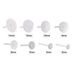 Argent 64 pcs 8 taille 304 conclusions de boucles d'oreilles en acier inoxydable, plat rond, argenterie, 10 mm / 12 mm / 14 mm / 3 mm / 4 mm / 5 mm / 6 mm / 8 mmx 0.3 mm, pin: 12x0.8 mm, 64 pcs / boîte