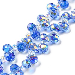 Royal Blue Electroplate Transparent Glass Beads Strands, AB Color Plated, Faceted Teardrop, Top Drilled, Royal Blue, 6x4mm, Hole: 0.8mm, about 97~102pcs/strand, 10.63''~14.80''(27~37.6cm)