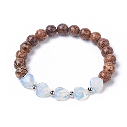 Opalite Heart Opalite Beads Stretch Bracelets, with Round Dyed Wood Beads and 304 Stainless Steel Smooth Spacer Beads, 2-1/8 inch(5.3cm)