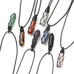 Mixed Stone Adjustable Natural Mixed Gemstone Pendant Necklaces, with Waxed Cord, Faceted Bullet, 8.74~15.43 inch(22.2~39.2cm)