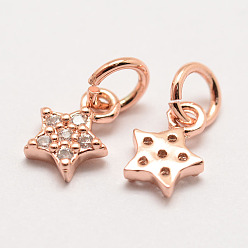 Real Rose Gold Plated Brass Micro Pave Grade AAA Cubic Zirconia Charms, Long-Lasting Plated, Star, Cadmium Free & Nickel Free & Lead Free, Real Rose Gold Plated, 8x5x2mm, Hole: 3mm
