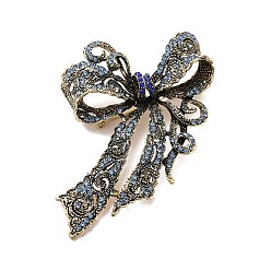 Or Antique Broche nœud papillon aigue-marine strass, épinglette en alliage pour femme, Or antique, 89x83x14mm, pin: 1 mm