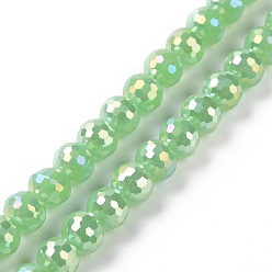 Light Green Electroplate Opaque Solid Color Glass Beads Strands, AB Color Plated, Faceted(96 Facets), Round, Light Green, 5~6mm, Hole: 1~1.2mm, about 95pcs/strand, 20.87''(53cm)