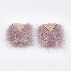 Brun Rosé  Décorations pendantes de pompon en fausse fourrure de vison, avec les accessoires en laiton, or et de lumière, brun rosé, 40~42x20~30x5.5~7mm, Trou: 2mm